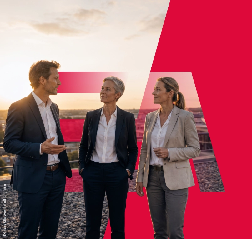 KI-generiertes Bild von drei Personen im Business-Look, einem Mann und zwei Frauen.